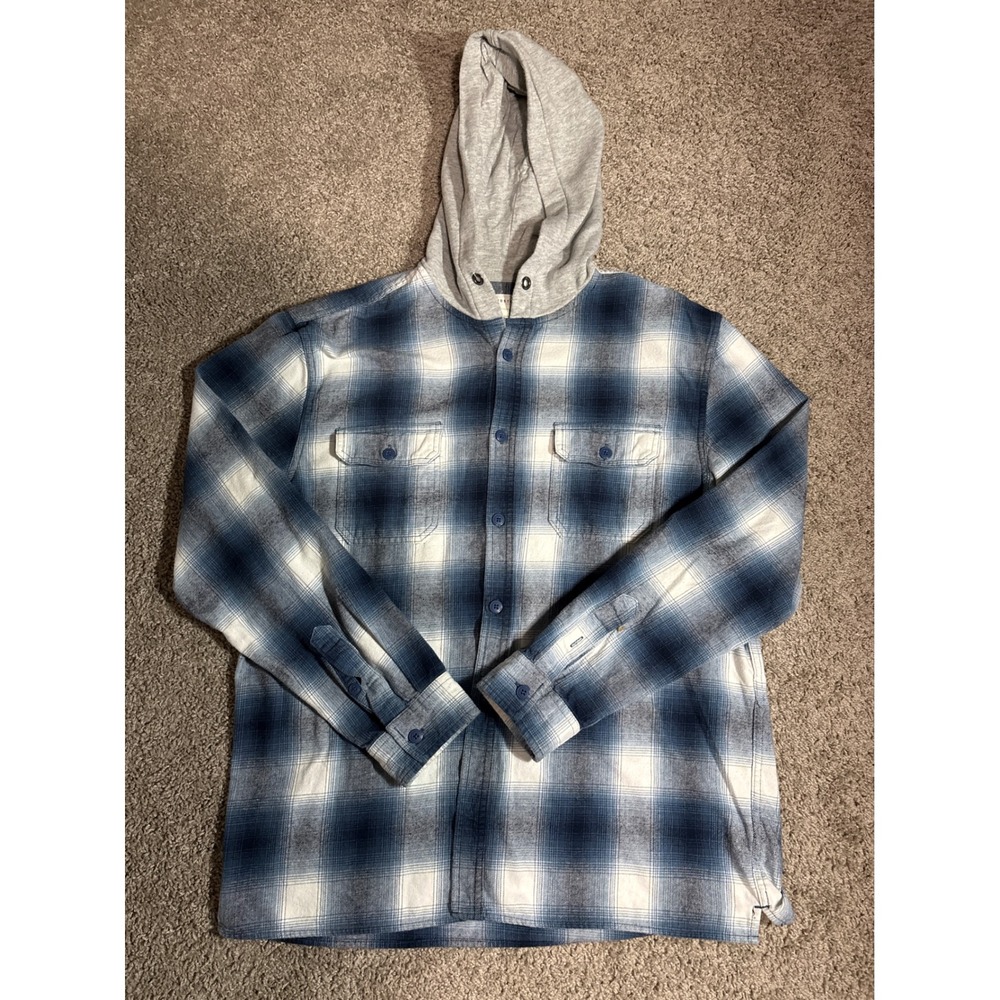 Mens Blue White Plaid Hooded Flannel Shirt Button Up Shacket Long Sleeve Size L